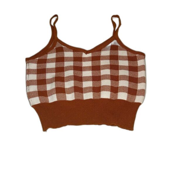 Brown Checkered Stretchy Crop-Top Spaghetti Strap Womens Size M See Photos - Picture 1 of 3